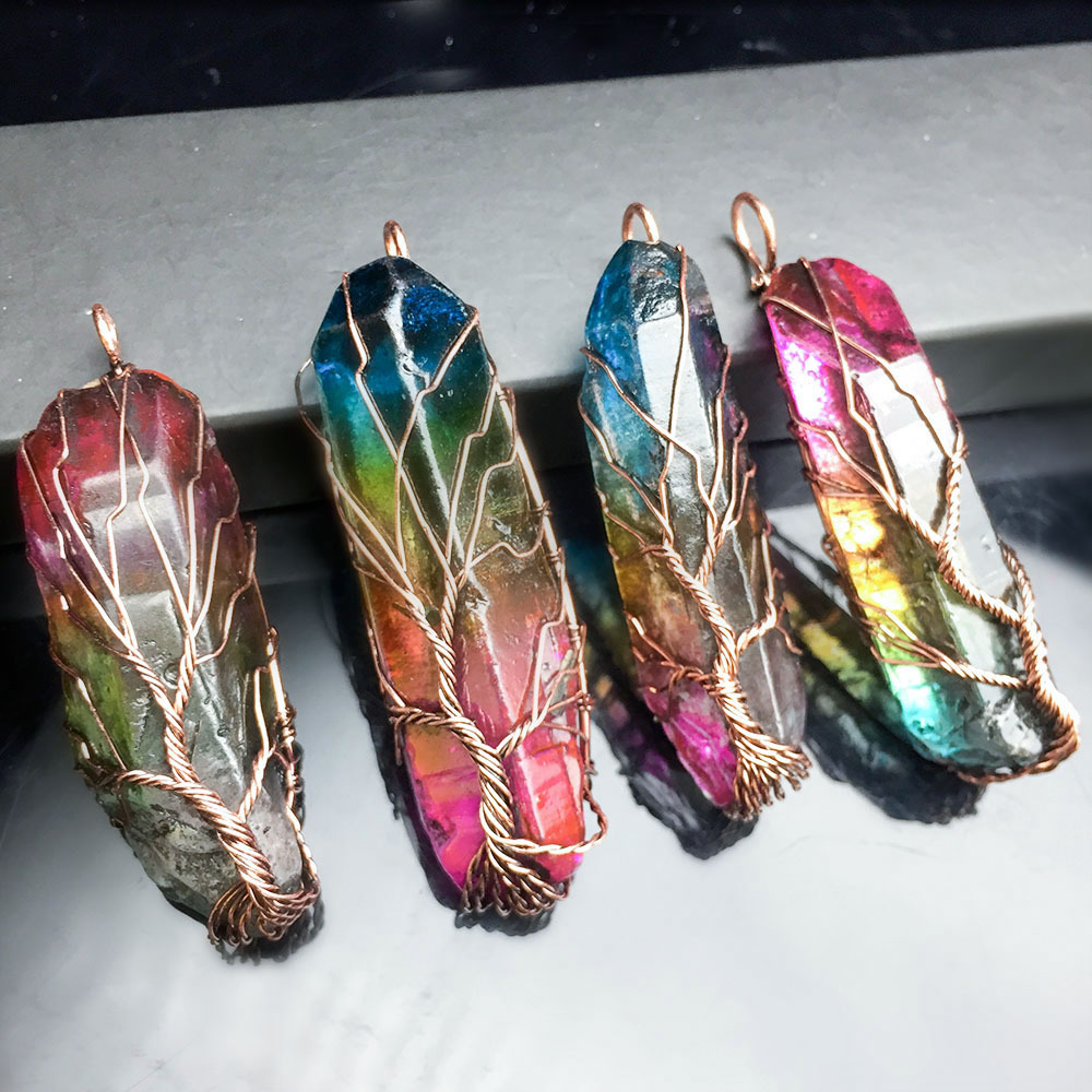 Pendentif arbre de vie en pierre brute colorée galvanisée – Image 9