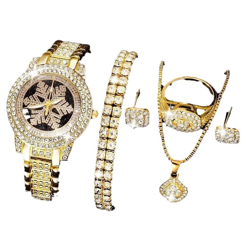 Ensemble de bijoux de luxe en strass, cinq pièces, motif flocon de neige – Image 5