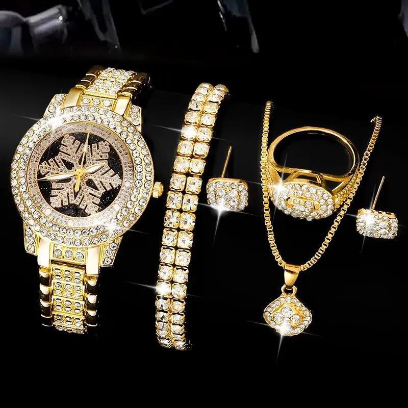Ensemble de bijoux de luxe en strass, cinq pièces, motif flocon de neige – Image 6