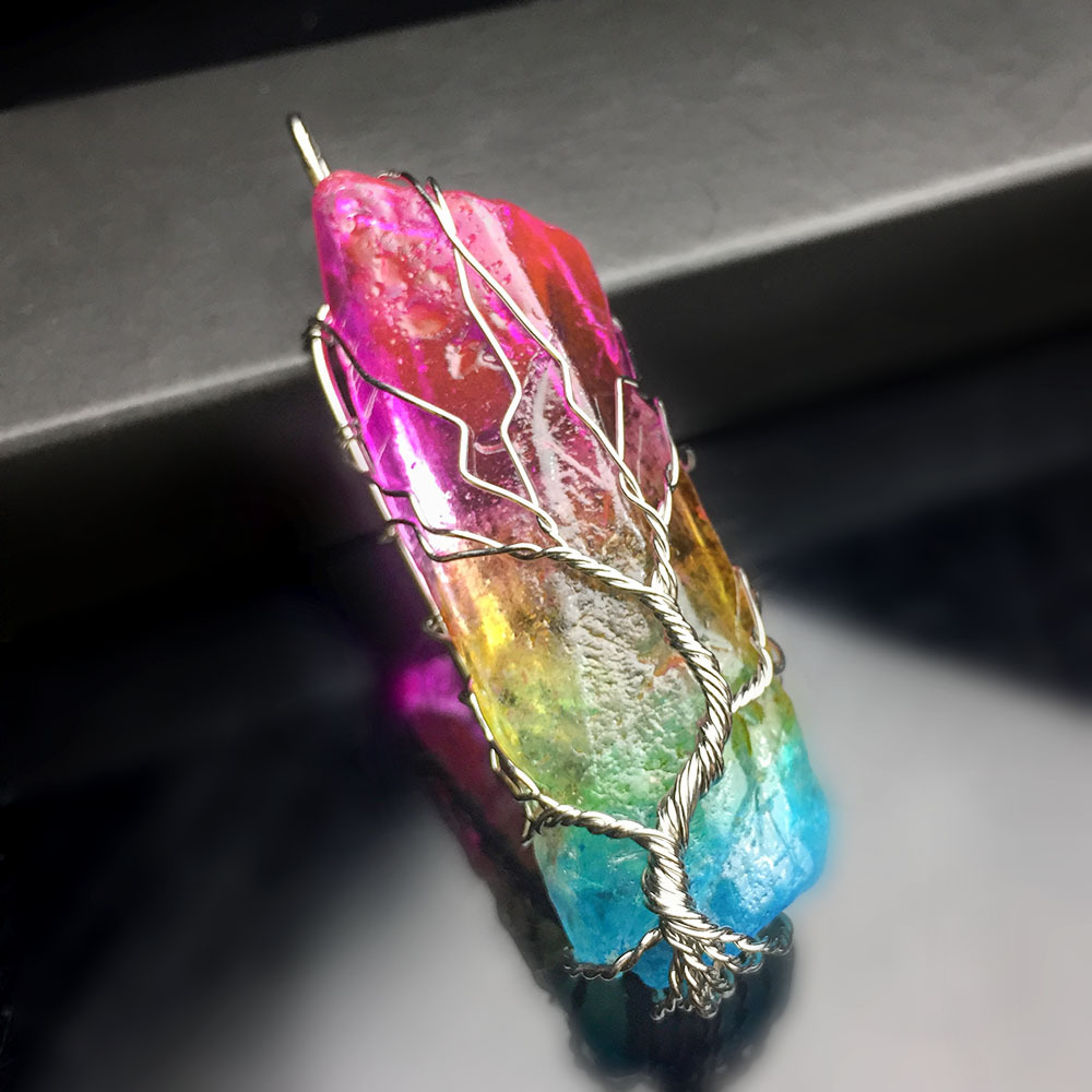 Pendentif arbre de vie en pierre brute colorée galvanisée – Image 4