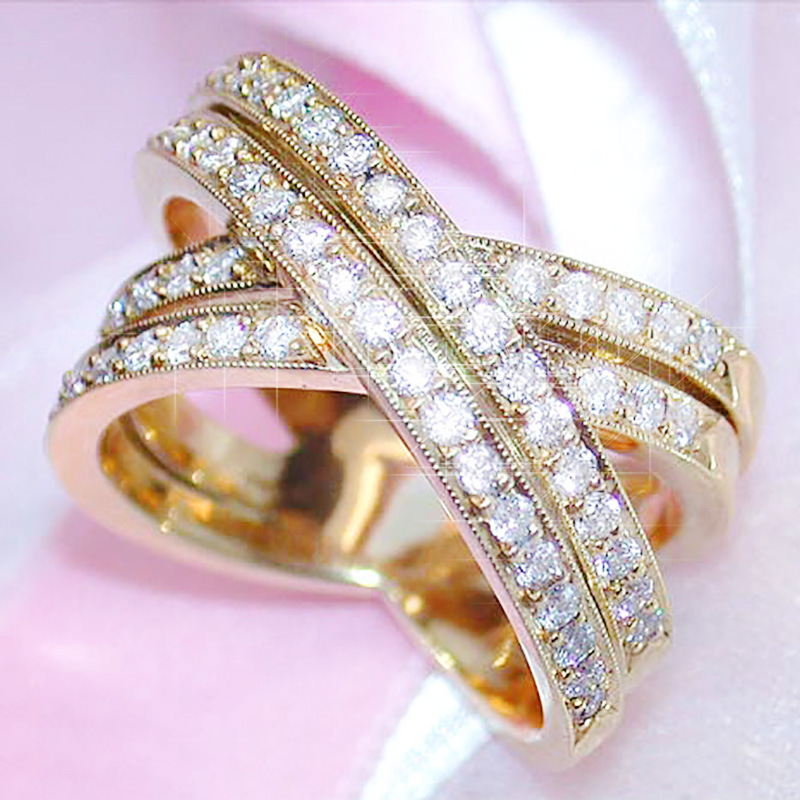 Bague de luxe en cuivre et zircons incrustés à double rangée pour femme – Image 3